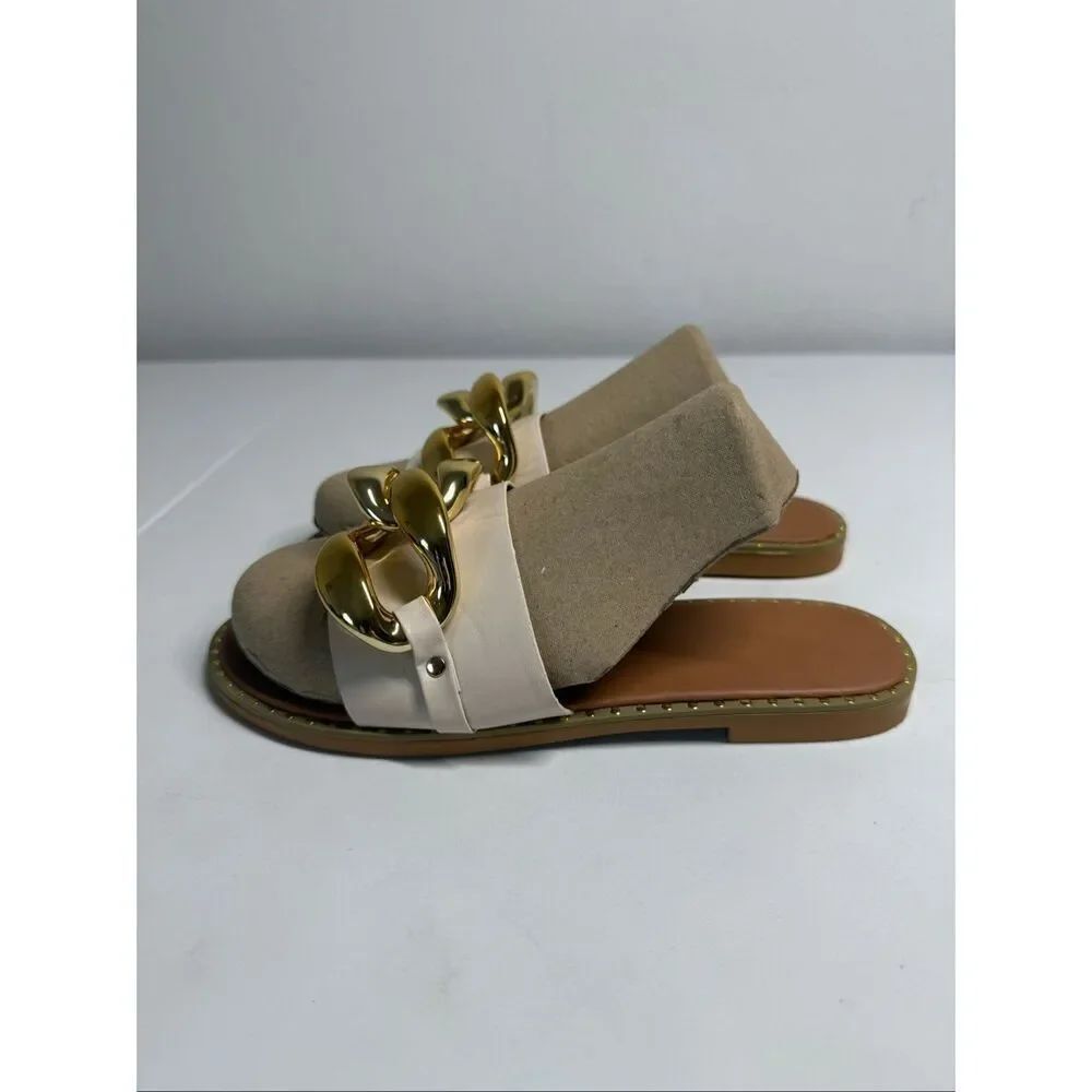 Women's Faux Leather Flat Slippers Metallic Plastic Chains Sandals Sz 38EU/8US